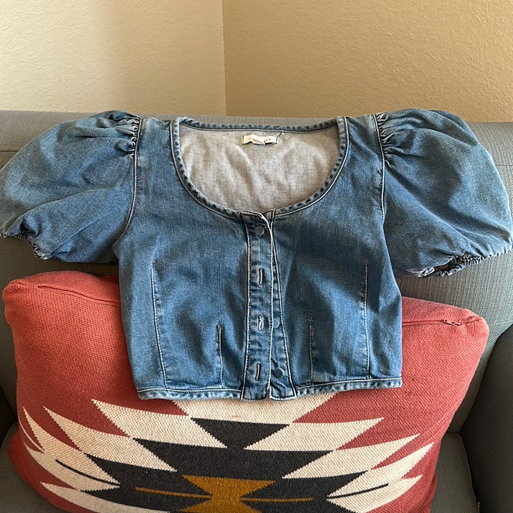 Topshop puff sleeve denim cropped shirt
